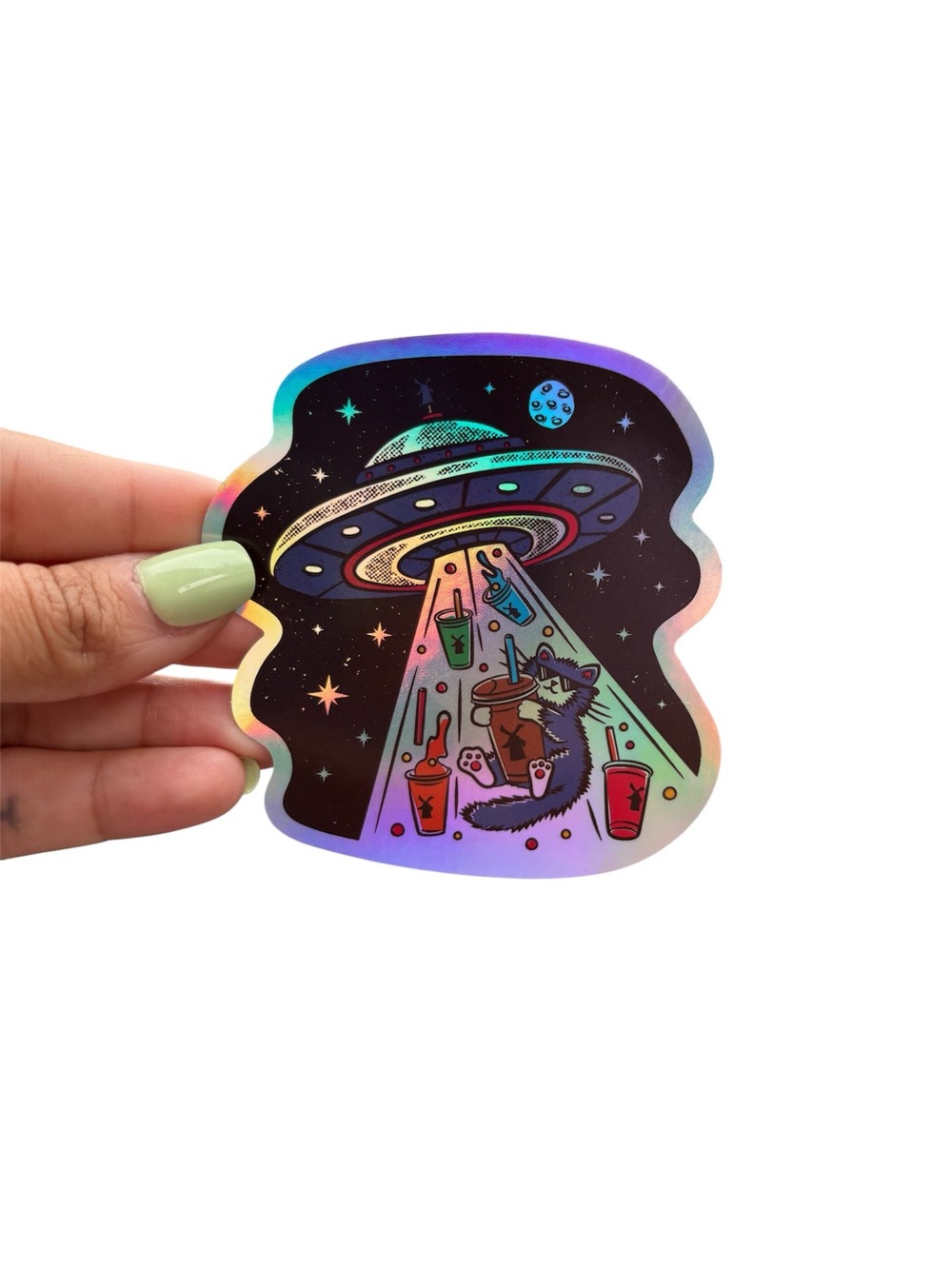 Dutch bros Holographic UFO Abduction cat space moon Sticker July 2026 silver